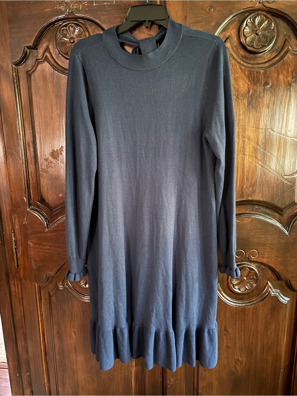 LOFT Navy Long Sleeve Ruffle-Hem Dress